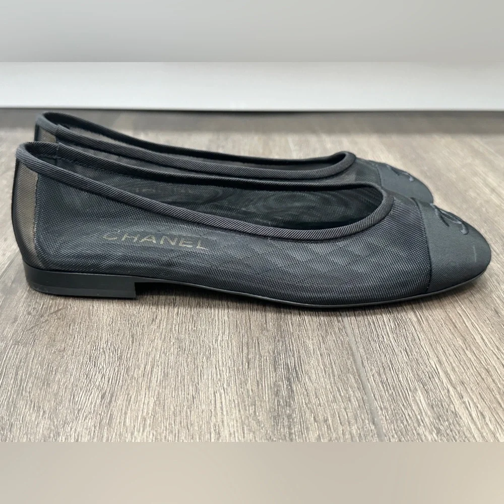 2025 CHANEL BLACK MESH BALLET FLATS BALLERINA SHOES 37 NEW - Picture 12 of 16